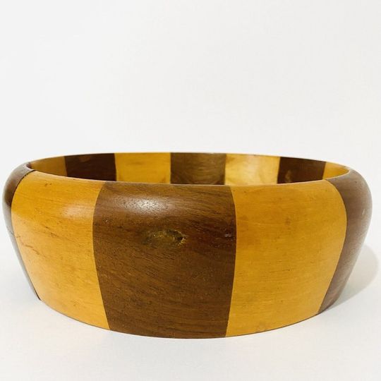 Vintage Handmade Wooden Fruit Bowl, Two Tone Bowl