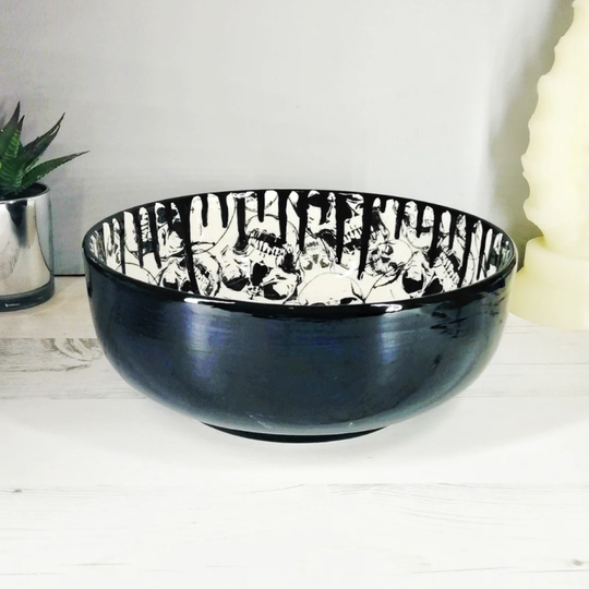 Gothic Fruit Bowl, Hand painted ceramic, skull drip design