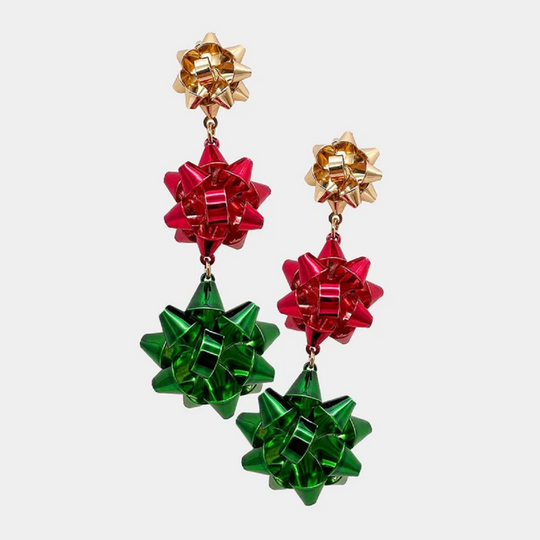 Glass Christmas Bow Dangle Earrings