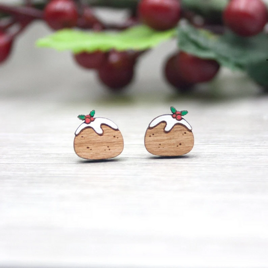 Festive Wooden Christmas Pudding Earrings