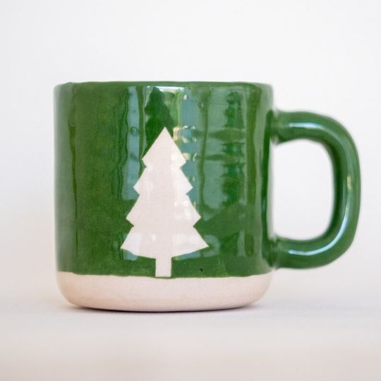 Christmas Gift - Ceramic Pine Tree Decorated Coffee Mug, Handmade ceramic mug