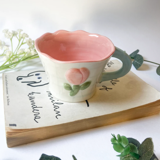 Floral ceramic mug, Cottagecore ceramic mug, Hand painted flower mug