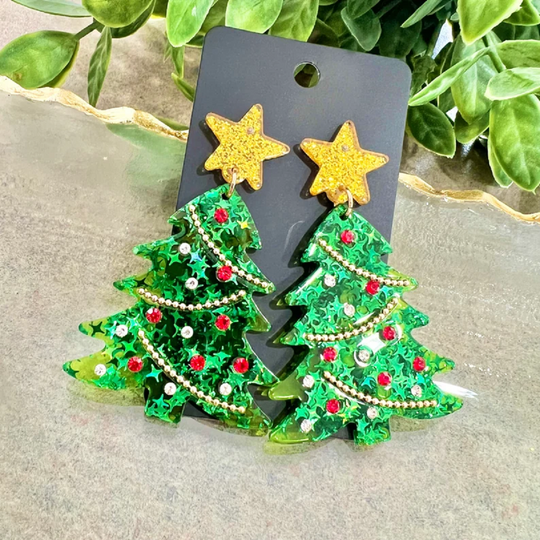 Green Acrylic Christmas Tree Earrings , Perfect for Holiday