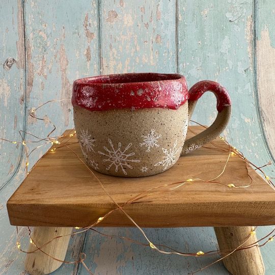 Red Christmas Snowflake Mug, Handmade Ceramic Cup