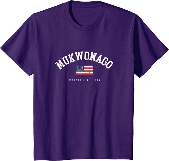 Mukwonago WI Retro American Flag USA City Name T-Shirt