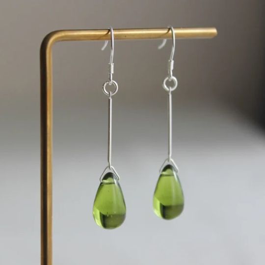 Peridot green glass teardrop earrings, handmade silver earrings