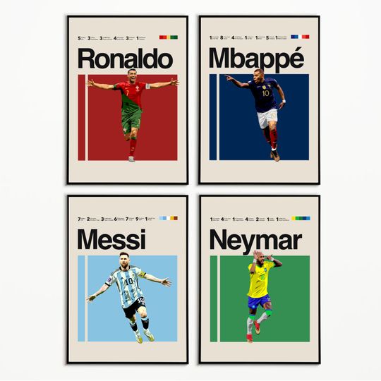 Messi Ronaldo Mbapp Neymar Poster, World Cup Art, soccer poster Minimalist,Office Wall Art, Bedroom art