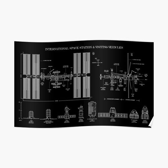 International Space Station (ISS) & Visiting Vehicles (White Stencil-No Background) Premium Matte Vertical Poster