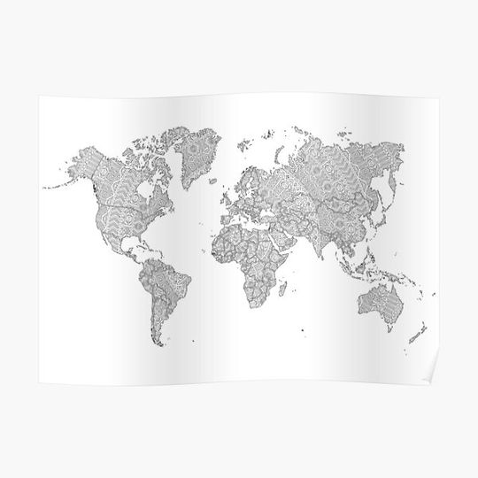 Mandala World Map, Coloring Travel Map, World Travel Map to Color In Premium Matte Vertical Poster