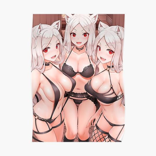Hot Cerberus Triple (Helltaker Sexy Lewd Boobs Tits Panties Hentai Demons Anime Girl Yuri) Premium Matte Vertical Poster