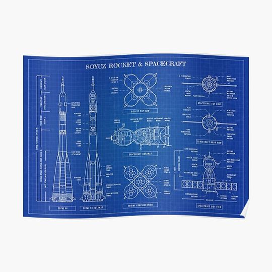 Soyuz Rocket and Spacecraft (Blueprint - English) Premium Matte Vertical Poster