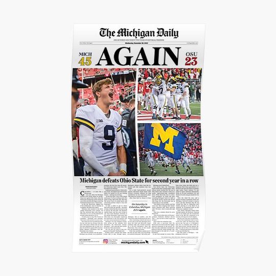 11/30 The Michigan Daily Front Cover (Michigan vs. OSU) Premium Matte Vertical Poster