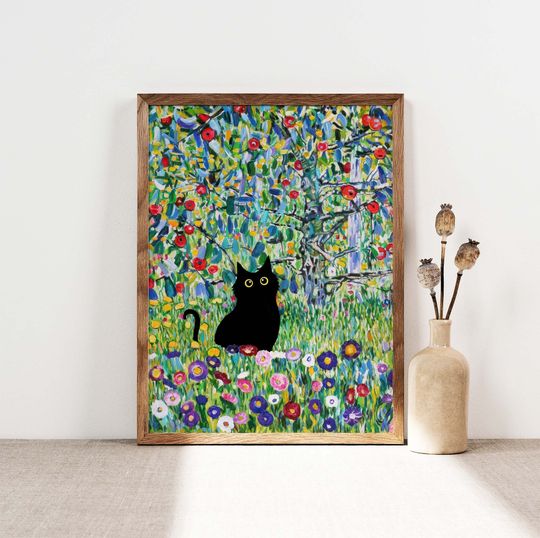 Gustav Klimt Garden Cat Print, Apple Tree Cat Poster, Black Cat Art, Floral Print, Funny Cat print Poster
