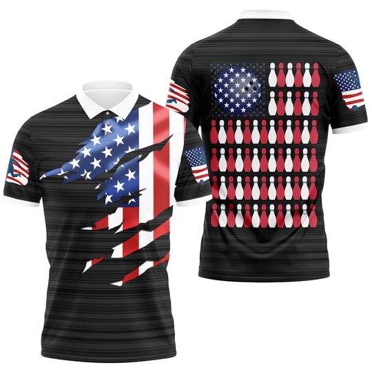 Bowling Polo Shirt, Bowling American Flag Polo Shirt