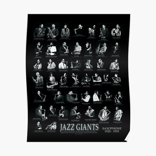 JAZZ GIANTS SAX, Coltrane, Young, Getz, Shorter, Pepper, Garbarek, Desmond Premium Matte Vertical Poster