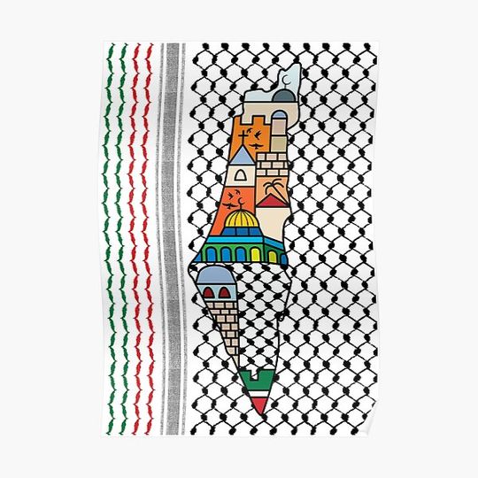 I Love Palestine My Homeland Palestinian Map with Kufiya Hatta Pattern and Most Sacred Cites In Jerusalem -blk Premium Matte Vertical Poster