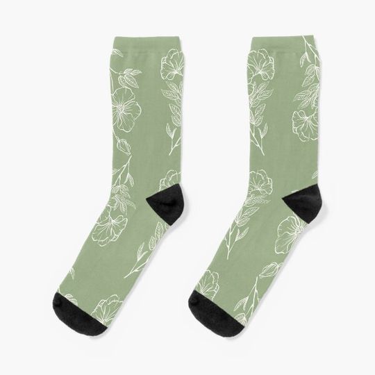 Sage Green Line Art Floral Pattern Socks
