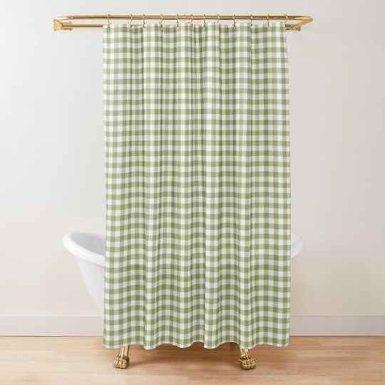 Sage Green and White Gingham Checkered Pattern Aesthetic Shower Curtain