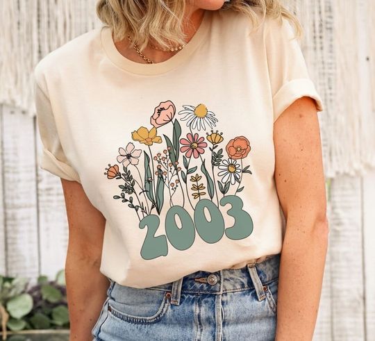 2003 Shirt, 20th Birthday Shirt, Wildflowers 2003 Birth Year Number Shirt for Women, Birthday TShirt, Turning 20 Gift, 2003 plus size tops