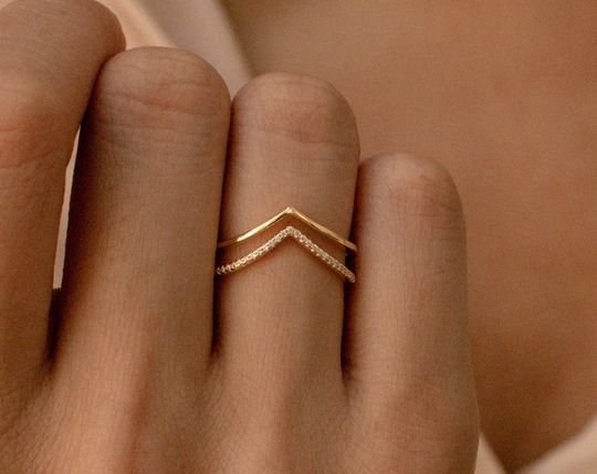 Set of 2 Diamond Chevron Rings, Curve Ring, Minimalist