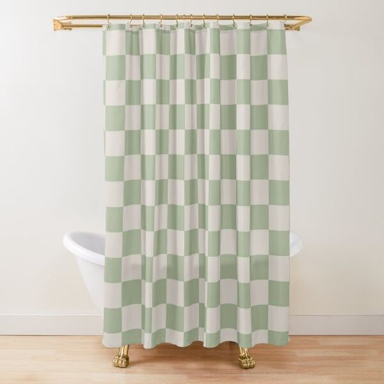 Checkerboard Check Checkered Pattern in Sage Green and Beige Shower Curtain