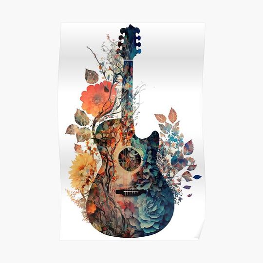 Electric Flower Guitar Fauvism by Peter Max | Ultrafine Detail & Funk Premium Matte Vertical Poster