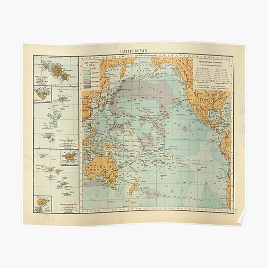 Old Pacific Ocean & Island Chains Map (1895) Vintage Nautical and Maritime Chart Premium Matte Vertical Poster