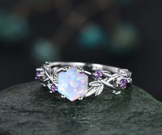 Twig opal ring vintage hexagon cut white opal engagement ring
