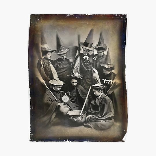 Witches cooking. Vintage Witches Halloween photo. Vintage Photo Occult Print Reproduction. Premium Matte Vertical Poster