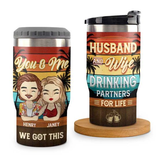 Drinking & Travels Partner For Life - Personalized Can Cooler - Gift For Couples, Husband Wife