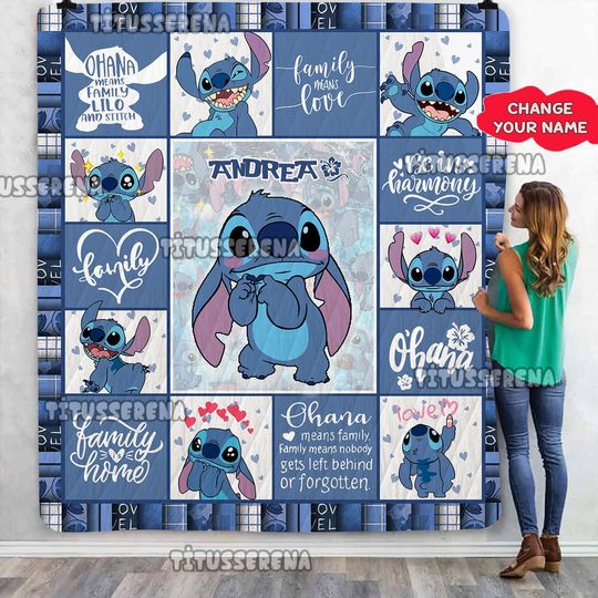 Personalized Disney Stitch Quilt Fleece Blanket, Disney Lilo and Stitch Blanket