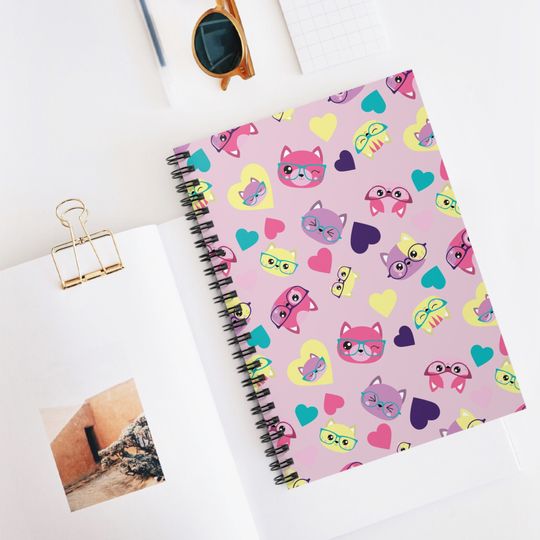 Cat Lover Gift, 6x8" Spiral Notebook, Fun Kitten and Paws Pattern