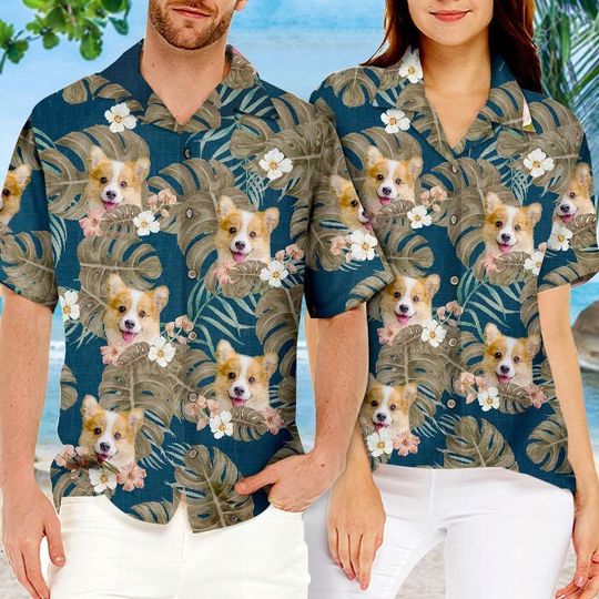 Tropical Leaves And Pet Dog & Cat Personalized Custom Unisex Hawaiian Shirt
