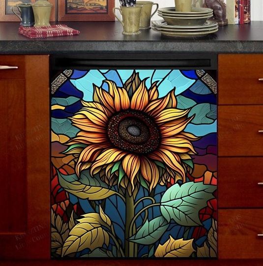 Kitchen Dishwasher Magnet Cover - Beautiful Stained Glass Sunflower