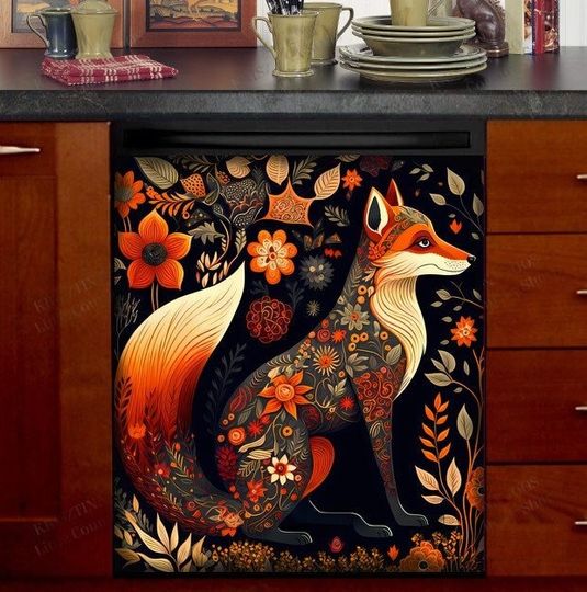 Kitchen Dishwasher Cover - Beautiful Folk Fox and Flowers
