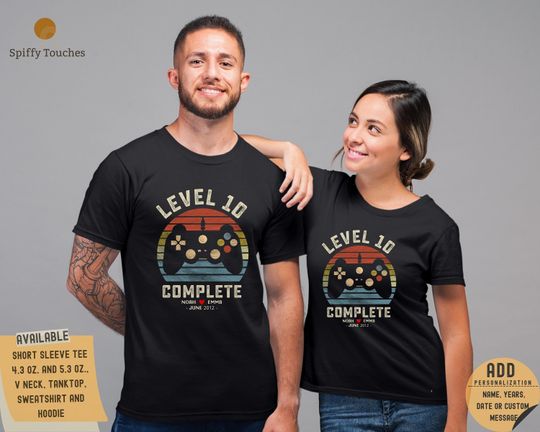 10th Wedding Anniversary Gift for Husband Wife Personalization Level 10 Complete, Anniversary Gift,Gamer Husband Gift,Retro Video Game Shirt