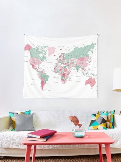 Map of the World in Pink and Mint Green | Tapestry