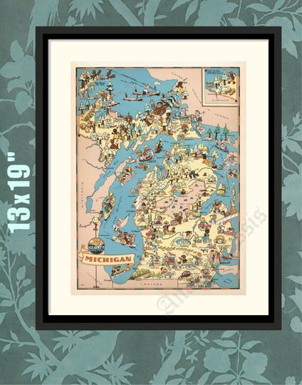 Michigan 1935, Pictorial Map, Michigan History Art, Michigan Map Print, Michigan Decor, Historical Map, Historical Print, Historical Art