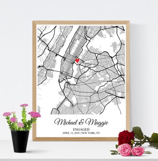 Engagement Map Art Print Gift for Couple, Engagement Gift for Her, Wedding Gift for Husband, Anniversary Gift for Wife, Custom Gift for Him