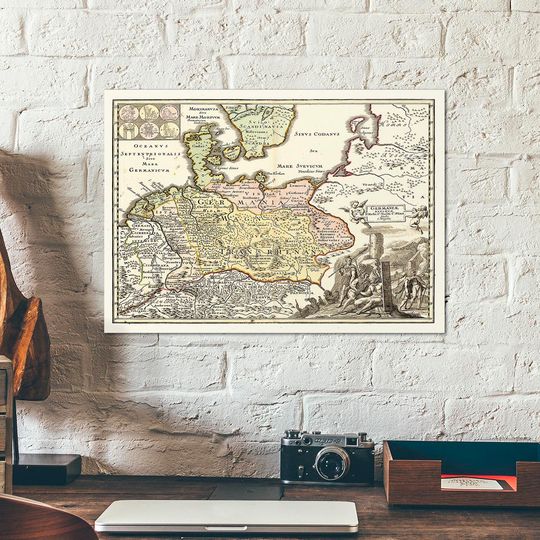 Antique Germania - Old german map with a pictorial engraving showing Ancient Germany with tribe names - map art - alte deutsche Karten