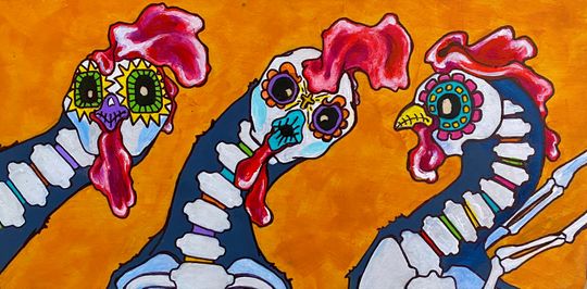 Chicken art, Sugar skull, day of the dead, da de los muertos, courtsart, Sugar skull chickens, 9x17 inch print, chickens,