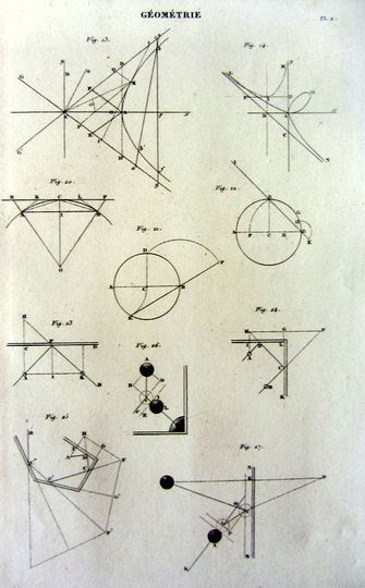 1852 Antique french GEOMETRY print, vintage MATHEMATICS steel engraving, geometric figuresscience curves ellipse triangle technical drawing.