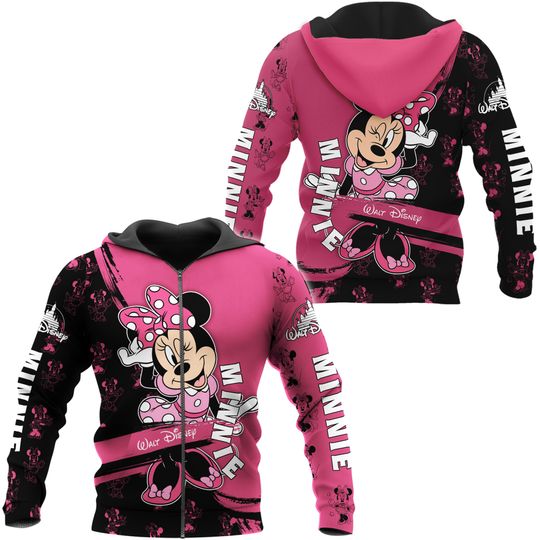 Minnie Mouse Black Pink Pattern Stripes Disney 3D Zip Hoodie