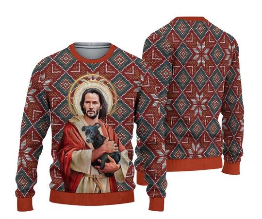 Jesus Keanu Reeves With Dog Ugly Christmas Sweater