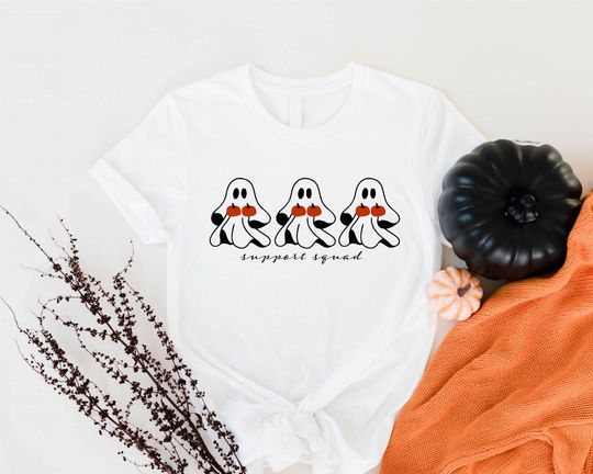 Support Squad T-shirt, Breast Cancer Awareness Halloween Shirt, Pumpkins Ghosts Tee