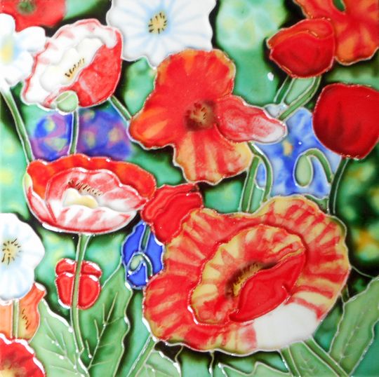 Poppies painted ceramic art tile