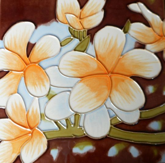 Plumeria painted ceramic art tile