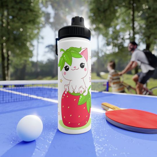 Cute Kitten Strawberry Stainless Steel Water Bottle Sports Lid