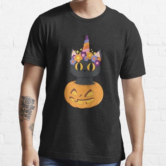 Cute Unicorn Kitten on Pumpkin Halloween T-shirts