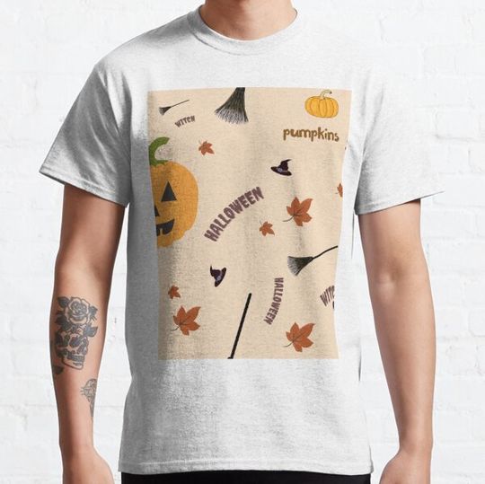 Pumpkins and  witch Halloween Pattern T-shirts